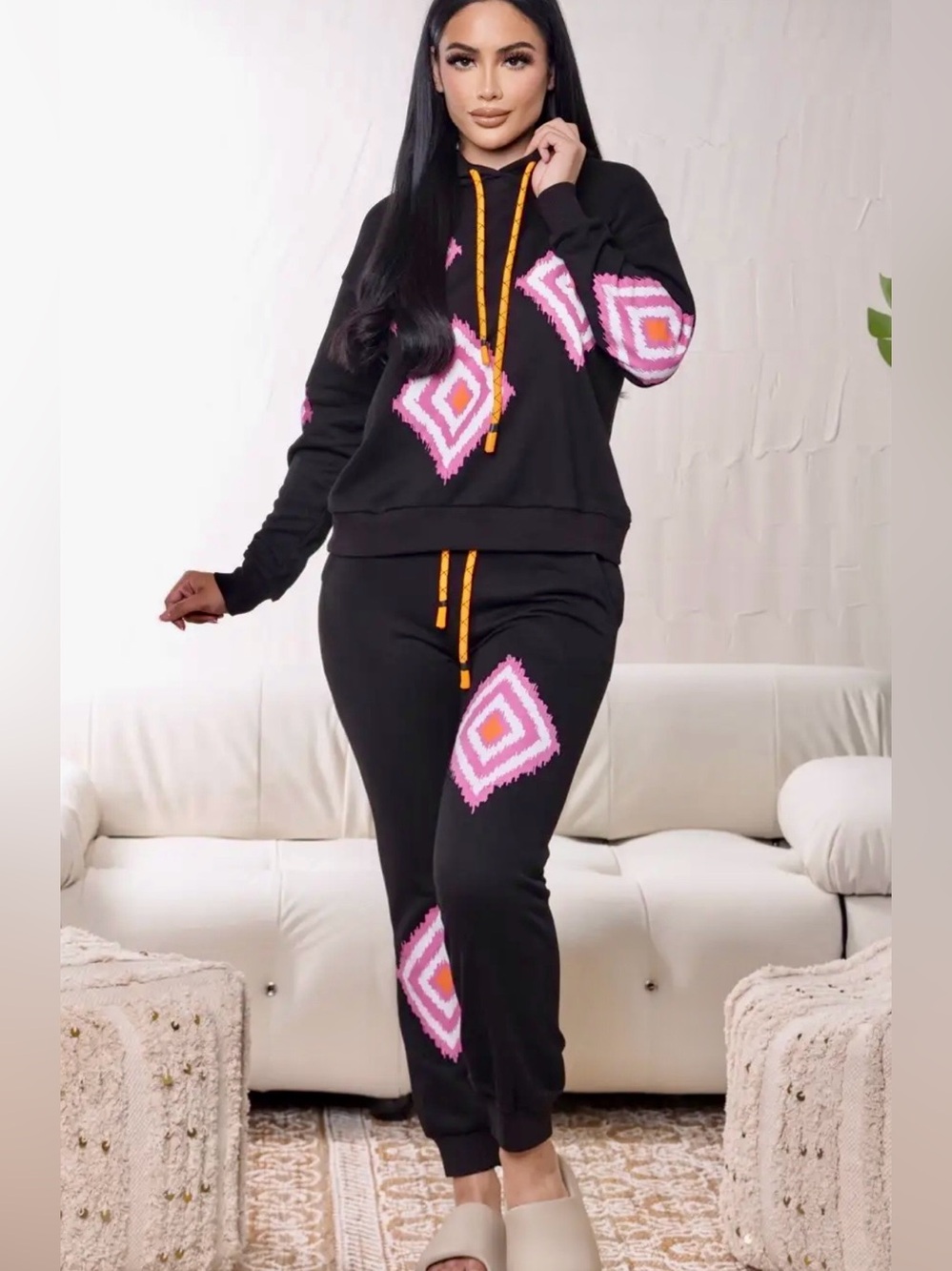 Isabel Geometric Print Knit Hoodie and Jogger Set - BLACK